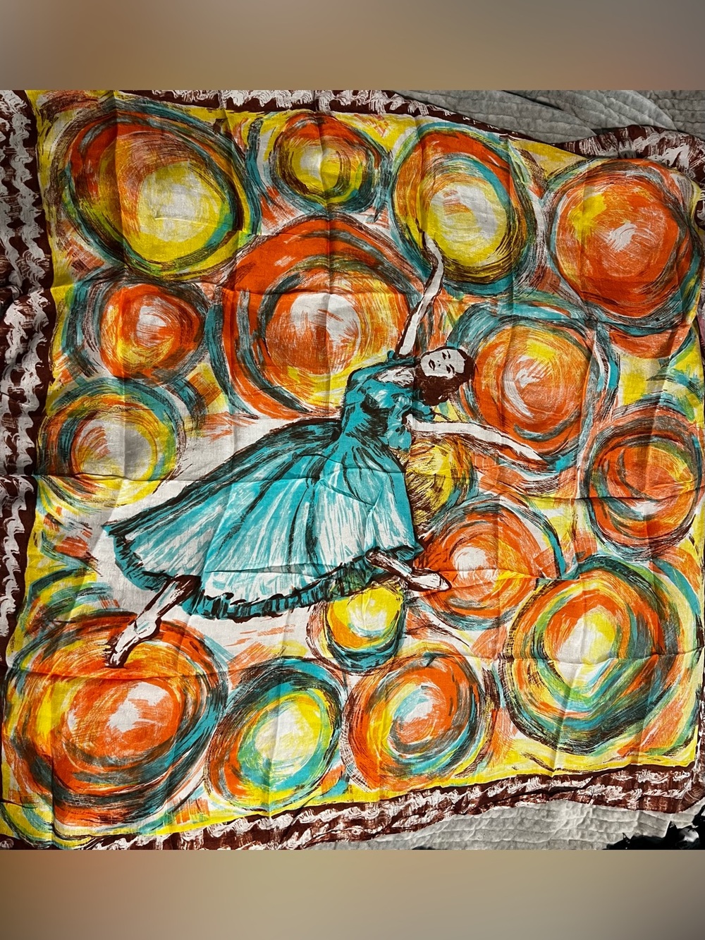 Glentex Turquoise Ballerina Print Scarf with Orange and Yellow Circles
